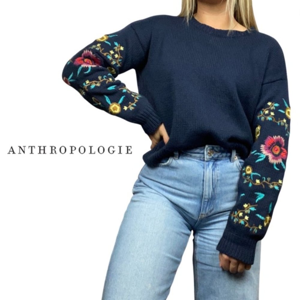 Anthropologie Cloth by RD Style Floral Embroidery Navy Blue Sweater - Size M